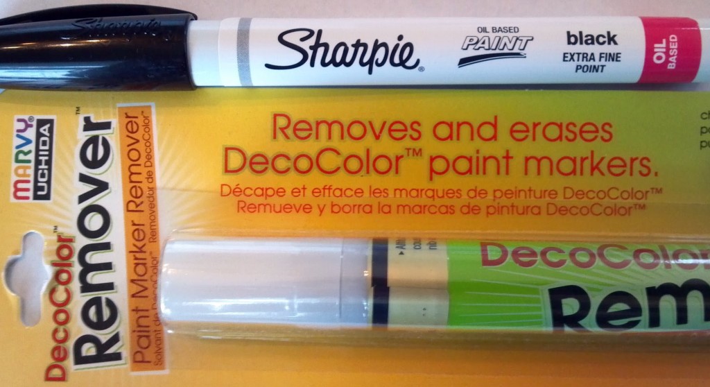 These are the markers I used. The Sharpie is on top, an oil based paint marker. The other is a Paint Marker Remover, chisel tipped. This was for the inevitable mistakes I would make along the way.